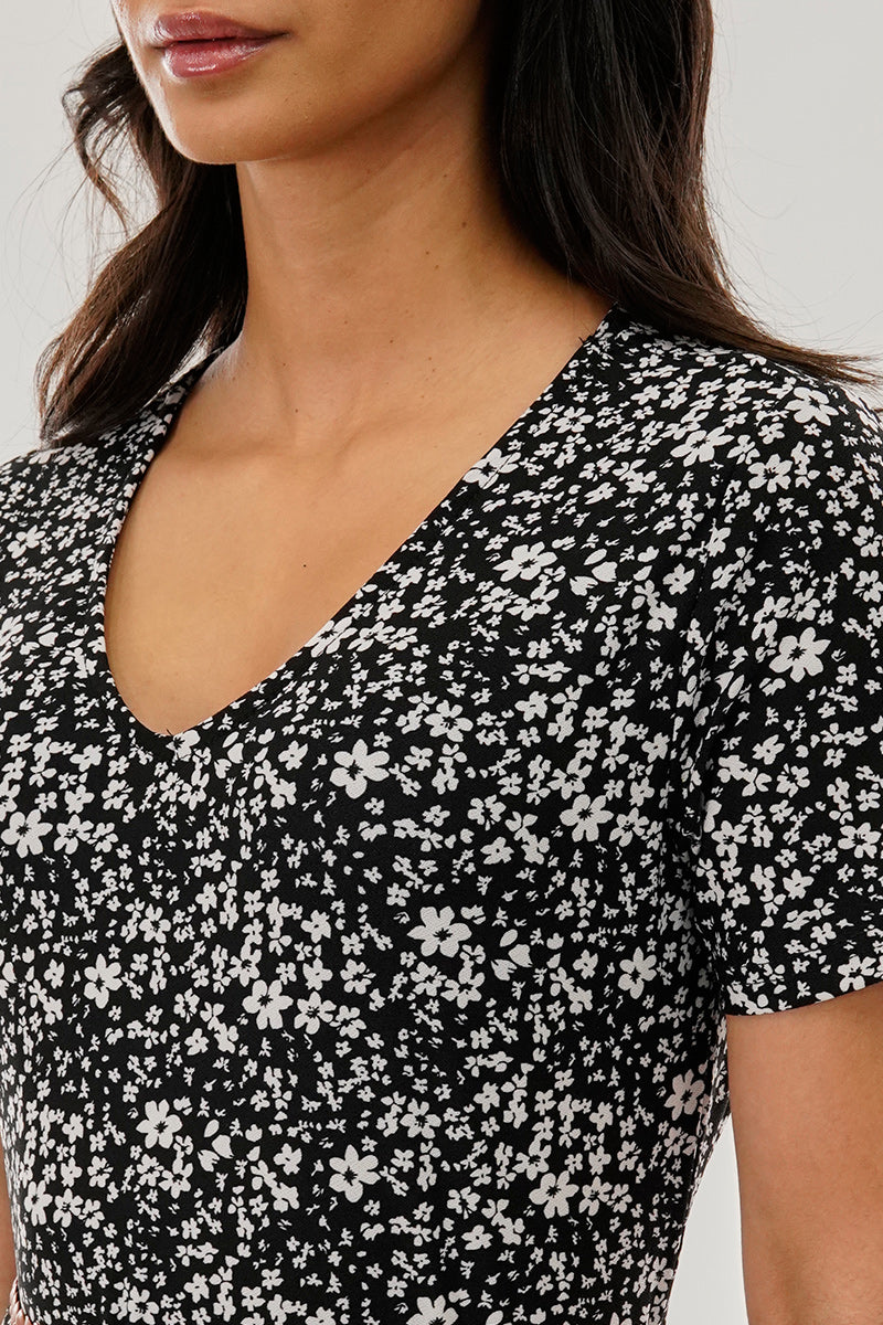 Beechers Brook Floral Belted Short Sleeve Midi Dress - Black - Womens Midi Dresses - Fairweather