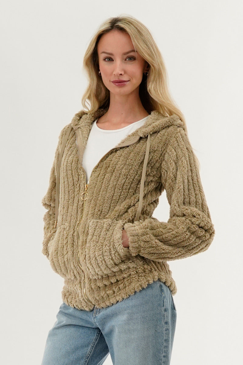 Fahrenheit Plush Hooded Zip Up Lightweight Jacket - Beige
