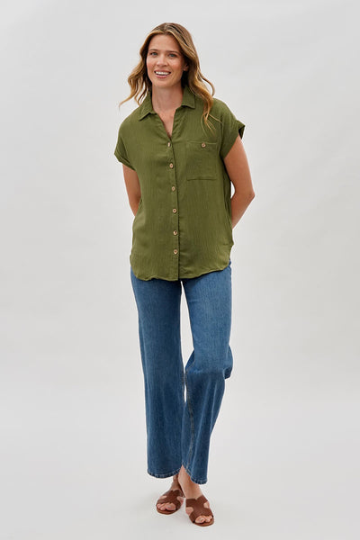Sylexchange Vintage Short Sleeve Button Down Shirt - Olive - Womens Shirts & Blouses - Fairweather