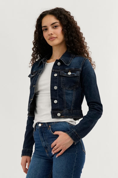 New Look Cropped Button Down Denim Jacket - Navy