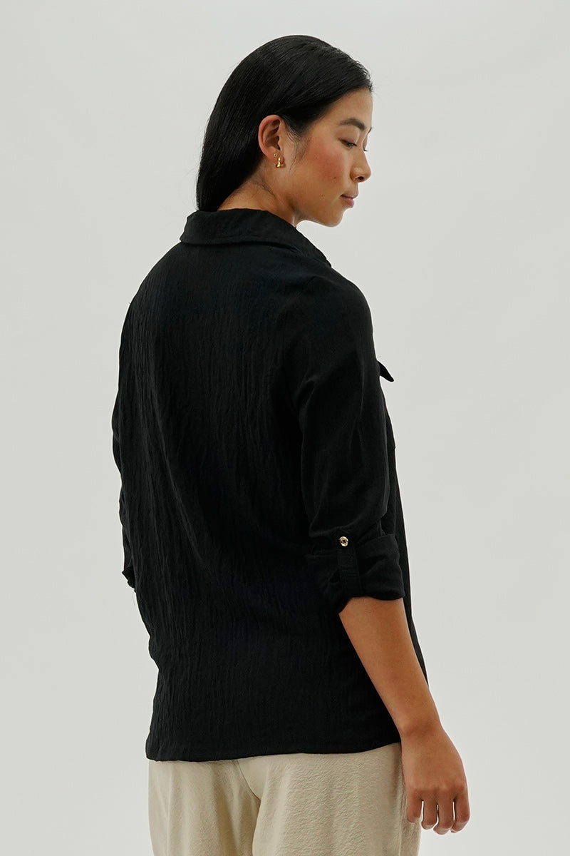 International INC Company Button Down Utility Pocket Blouse - Black
