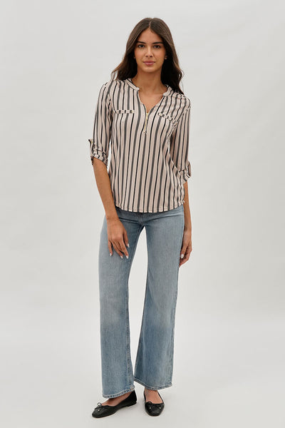 International INC Company Striped 1/4 Zip Blouse - Beige - Womens Shirts & Blouses - Fairweather