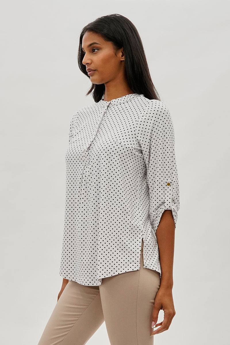 International INC Company Dotted Roll Up Sleeve Blouse - White - Womens Shirts & Blouses - Fairweather