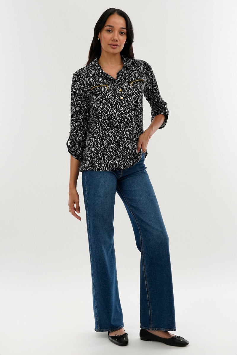 International INC Company Patterned Roll Up Sleeve Blouse - Black - Womens Shirts & Blouses - Fairweather