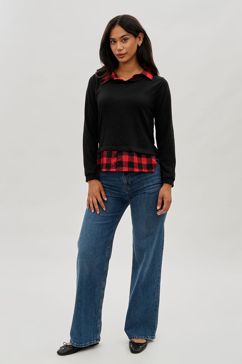 International INC Company Plaid Collared Pullover Sweater - Black - Womens Pullover Sweaters - Fairweather