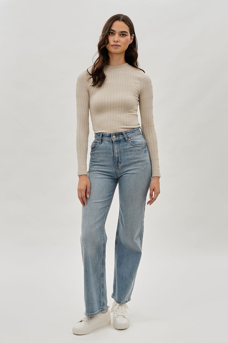 International INC Company Ribbed Crewneck Long Sleeve Top - Beige - Womens Long Sleeve Tops - Fairweather