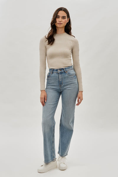International INC Company Ribbed Crewneck Long Sleeve Top - Beige - Womens Long Sleeve Tops - Fairweather