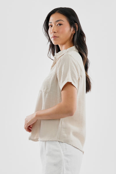 Super Triple Goose Vintage Short Sleeve Button Up Textured Shirt - Cream - Womens Shirts & Blouses - Fairweather