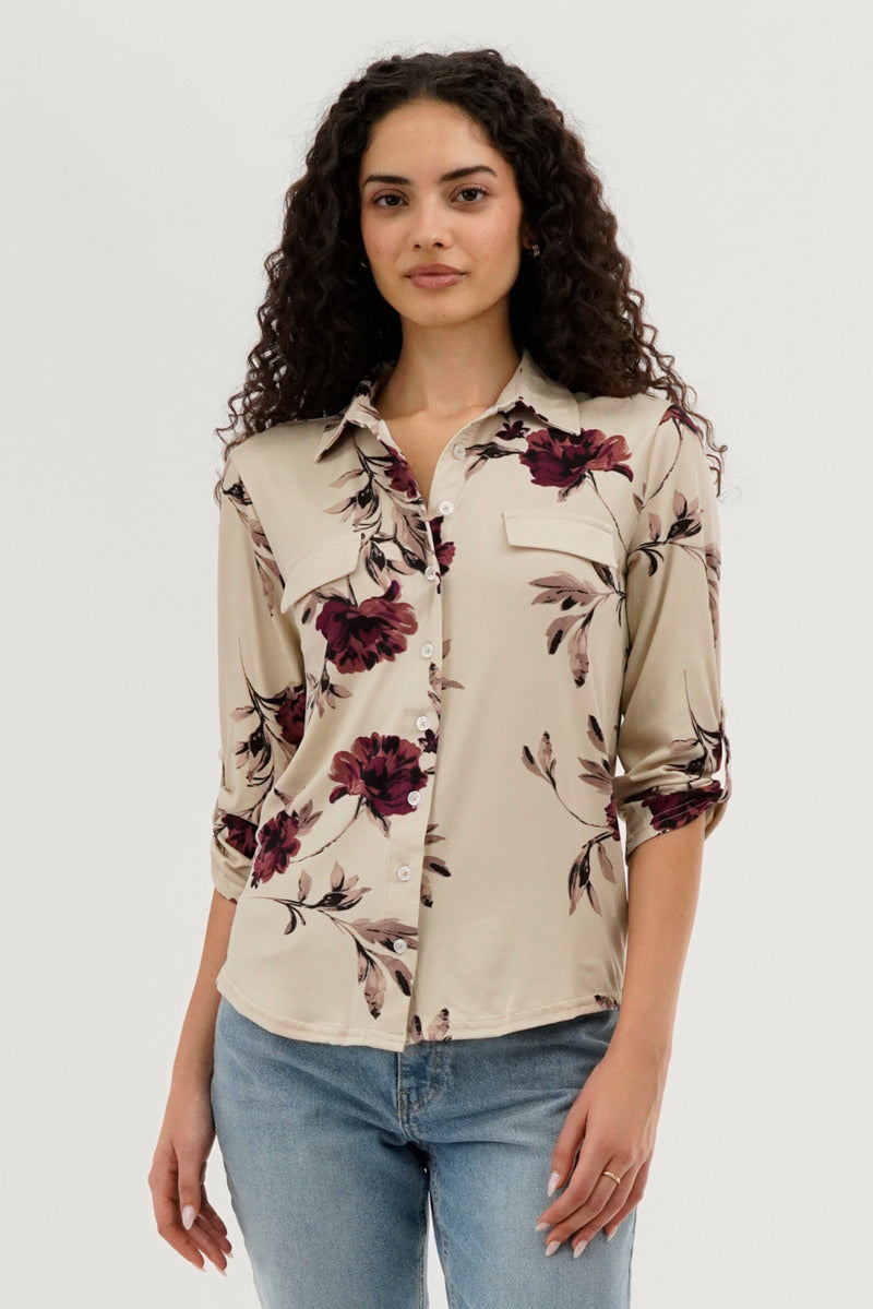 Majora Floral Button Up Blouse - Beige
