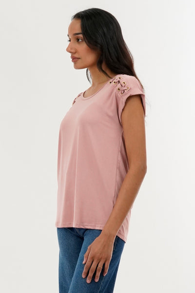International INC Company Shoulder Lace Up Tee - Pink - Womens Tees & Tank Tops - Fairweather