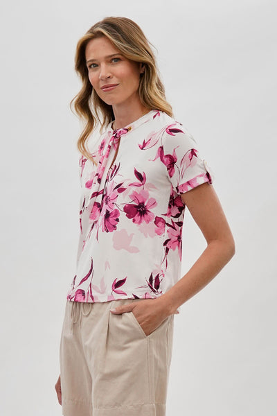 Beechers Brook Floral Tie-Neck Short Sleeve Blouse - White - Womens Shirts & Blouses - Fairweather