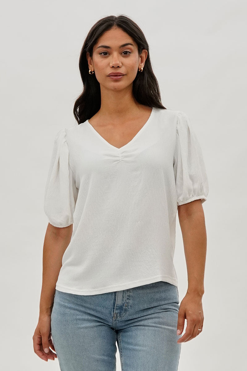 Stylexchange Vintage Puff Sleeve V-Neck Blouse - White - Womens Shirts & Blouses - Fairweather