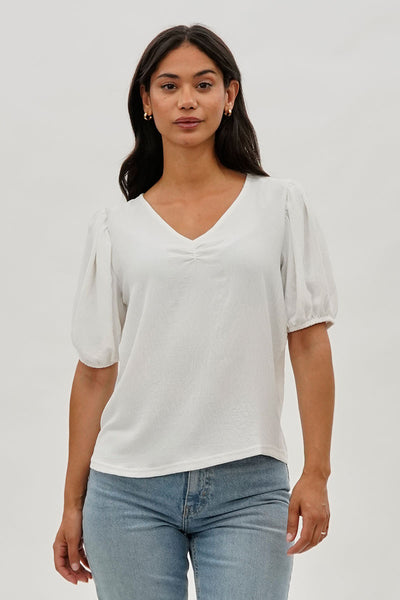 Stylexchange Vintage Puff Sleeve V-Neck Blouse - White - Womens Shirts & Blouses - Fairweather