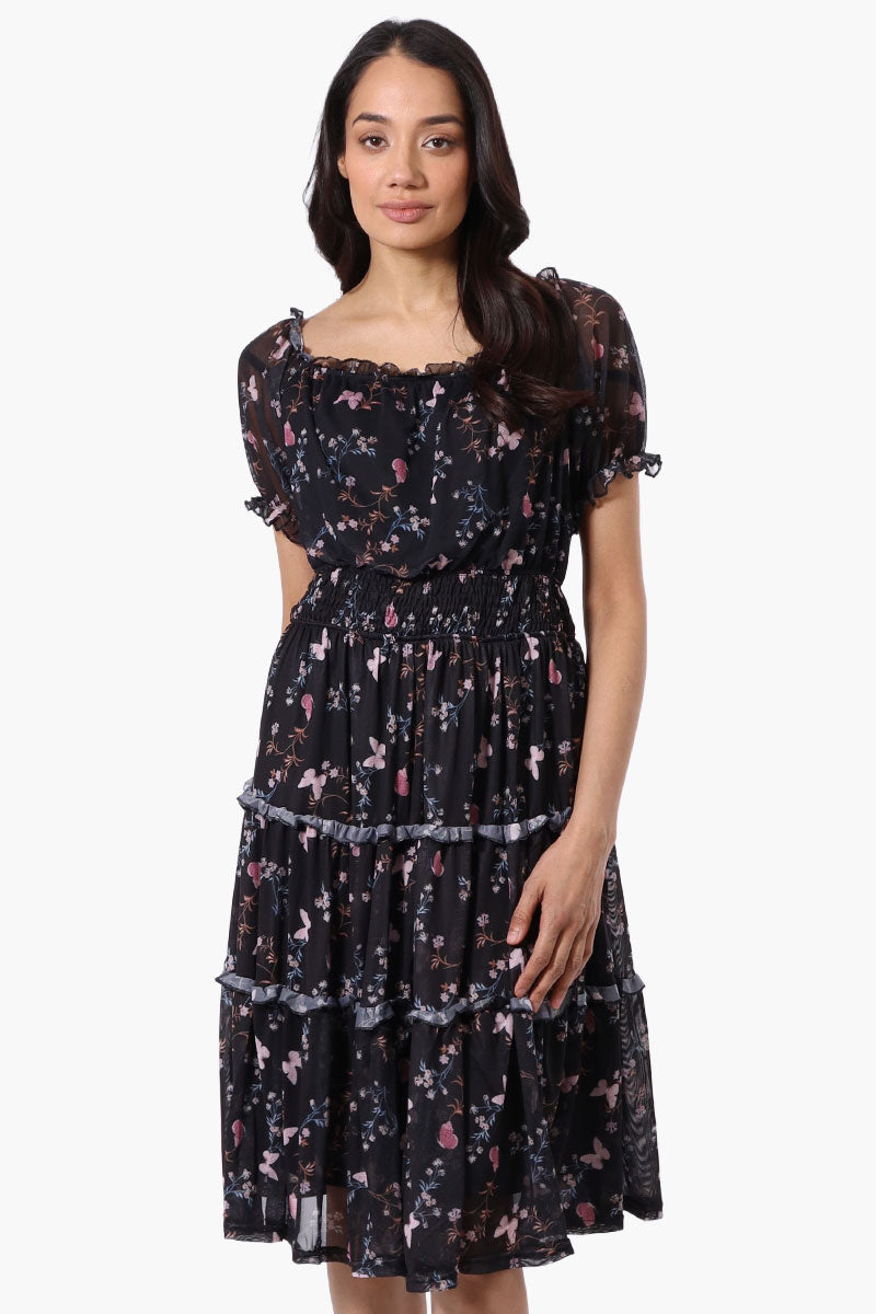 Costa Blanca Floral Tiered Smocked Waist Midi Dress - Black - Womens Midi Dresses - Fairweather