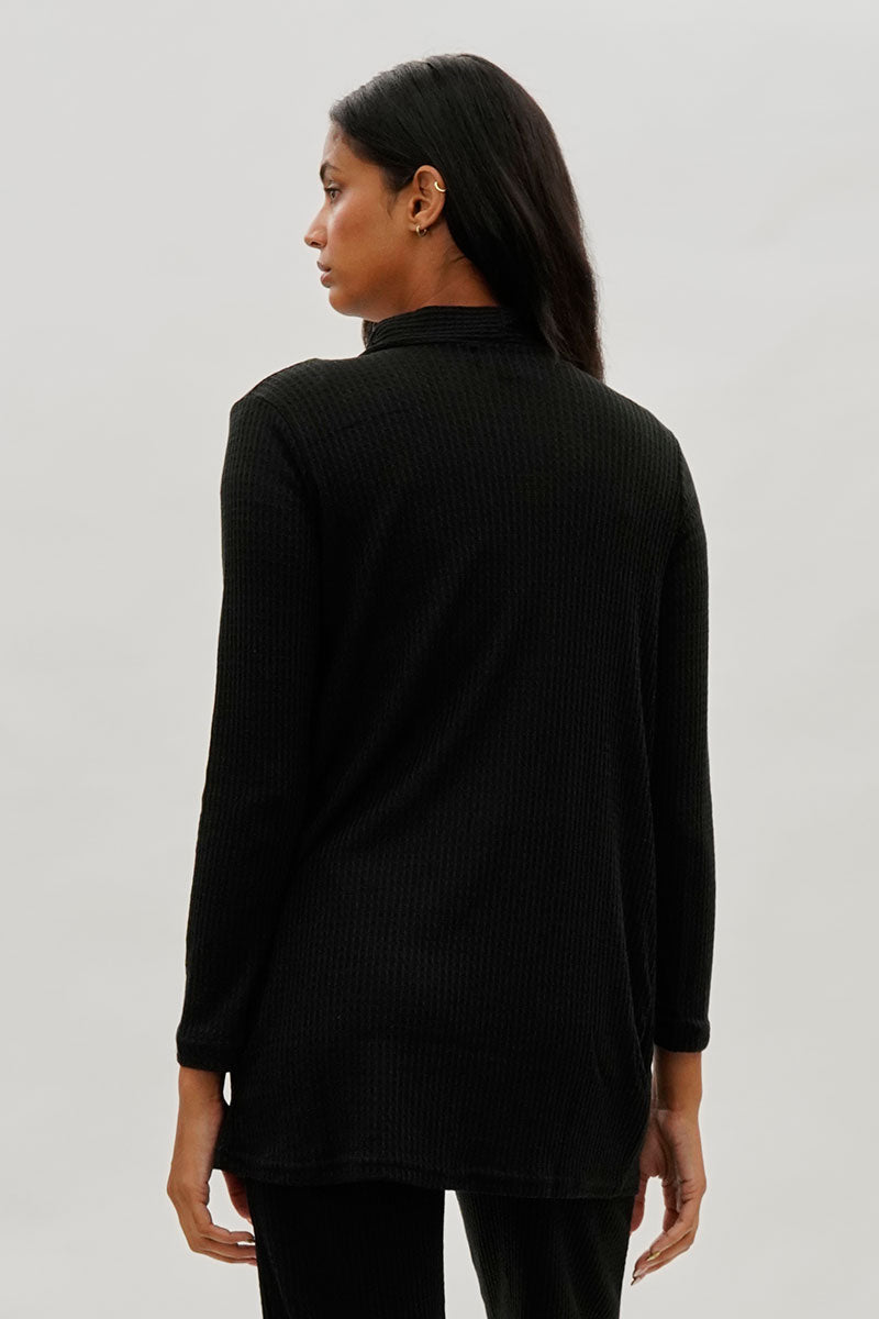 Open Front Waffle Knit Cardigan - Black