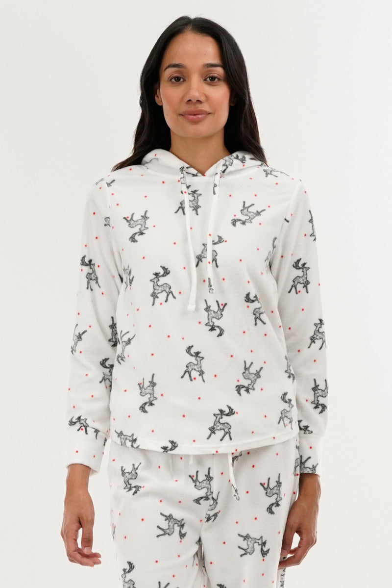 Canada Weather Gear Reindeer Print Hooded Pajama Top - White - Womens Pajamas - Fairweather