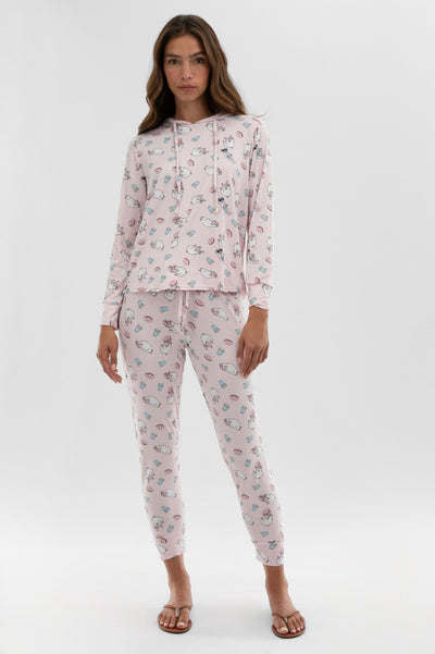 Canada Weather Gear Dog Print Hooded Pajama Top - Blush - Womens Pajamas - Fairweather
