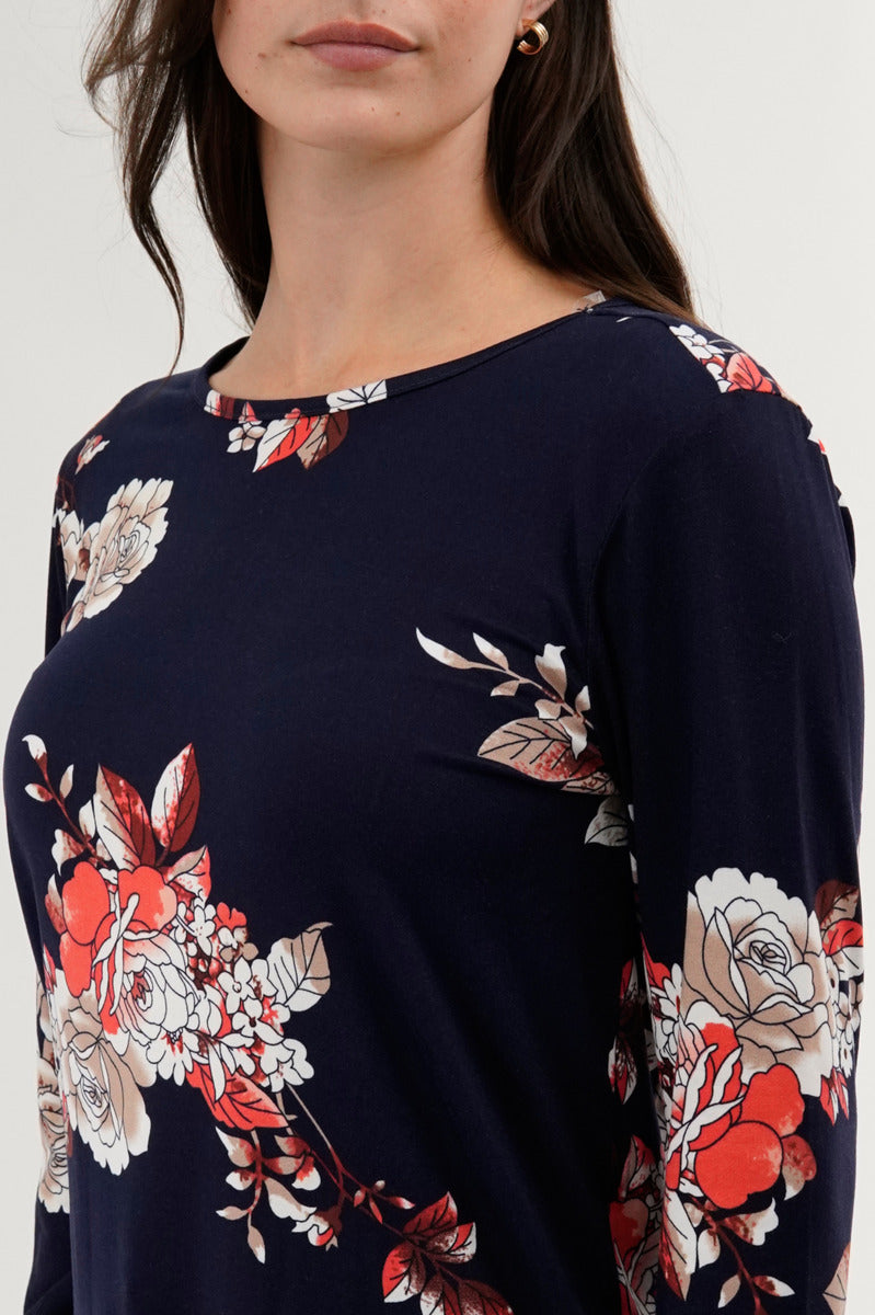 International INC Company Floral 3/4 Sleeve Blouse - Navy - Womens Shirts & Blouses - Fairweather