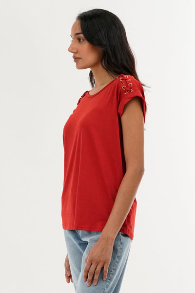 International INC Company Shoulder Lace Up Tee - Coral - Womens Tees & Tank Tops - Fairweather