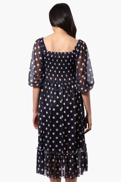 Costa Blanca Polka Dot Tiered Sheer Sleeve Midi Dress - Navy - Womens Midi Dresses - Fairweather