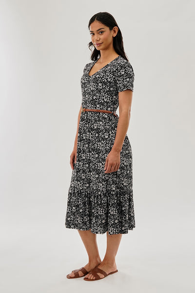 Beechers Brook Floral Belted Short Sleeve Midi Dress - Black - Womens Midi Dresses - Fairweather