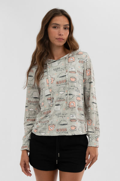 Canada Weather Gear Coffee Print Hooded Pajama Top - Grey - Womens Pajamas - Fairweather