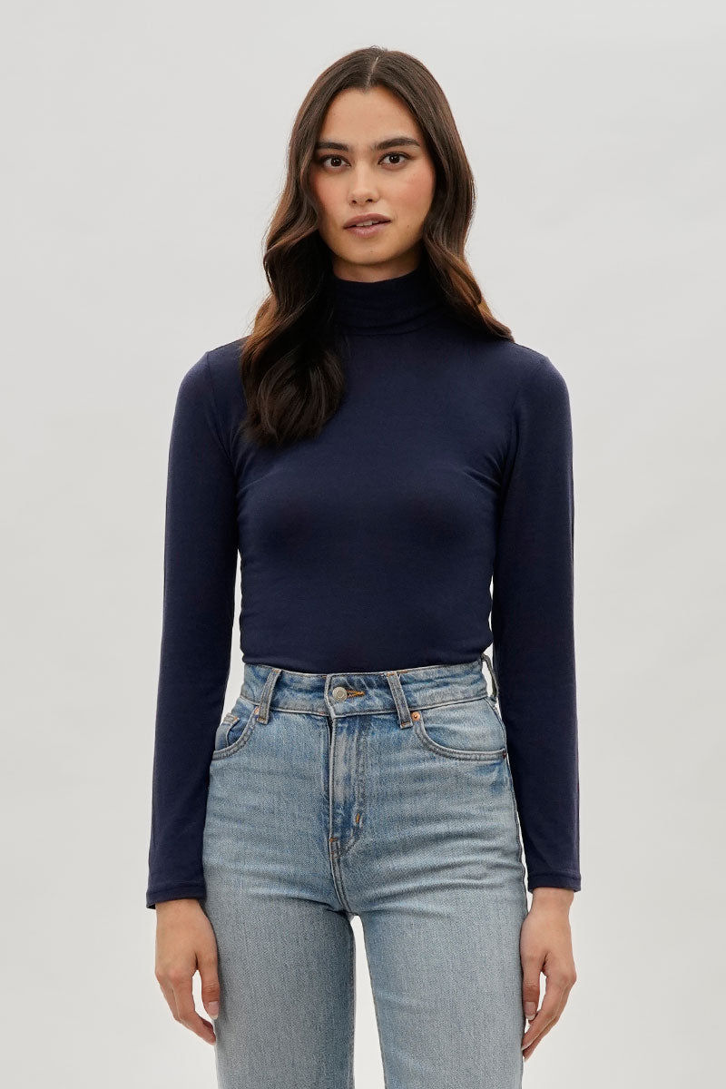 Magazine Cinched Side Turtleneck Long Sleeve Top - Navy - Womens Long Sleeve Tops - Fairweather