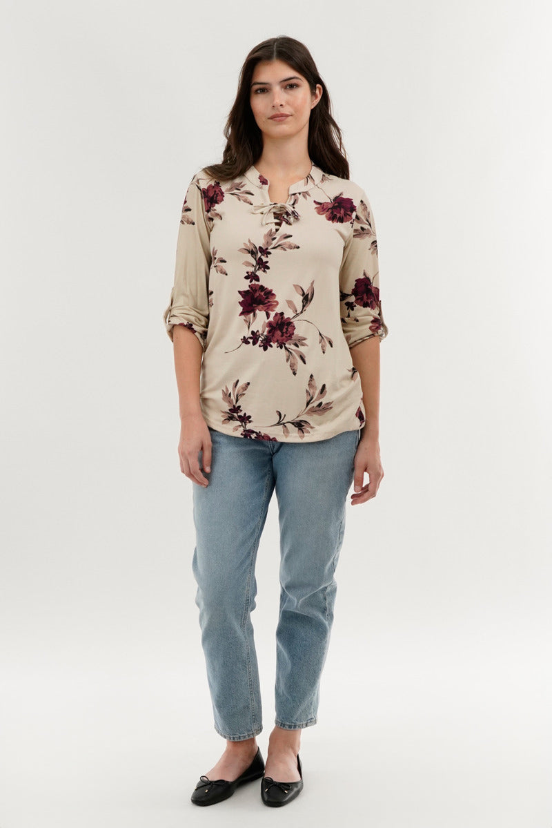 Majora Floral Lace Up Blouse - Beige - Womens Shirts & Blouses - Fairweather