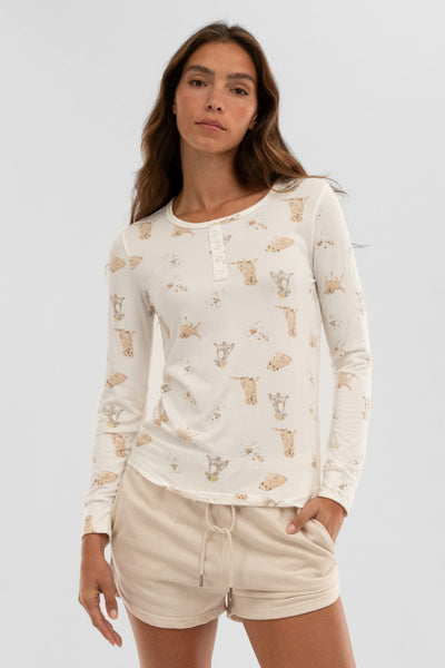 Canada Weather Gear Dog Print Henley Pajama Top - Beige - Womens Pajamas - Fairweather
