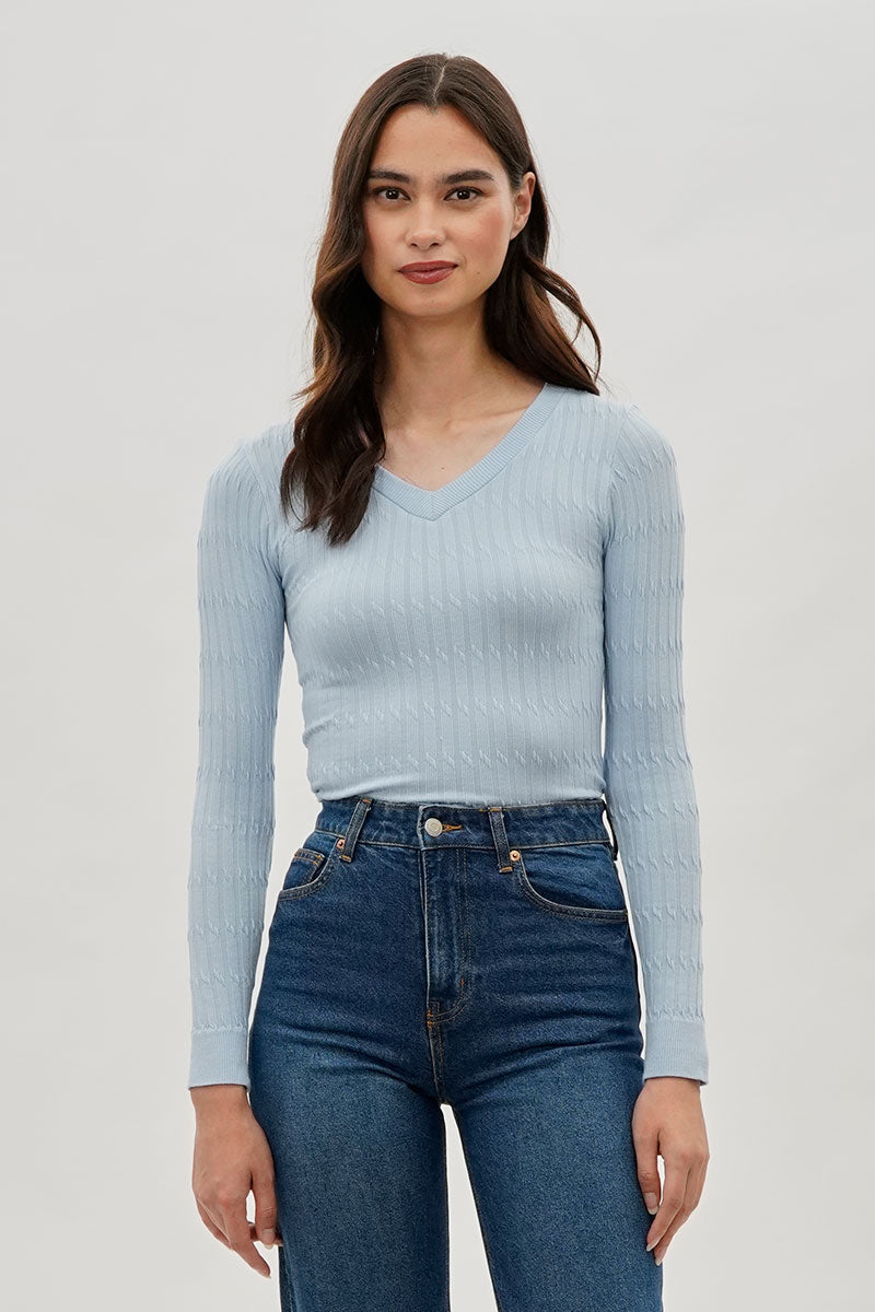 International INC Company Ribbed V-Neck Long Sleeve Top - Blue - Womens Long Sleeve Tops - Fairweather