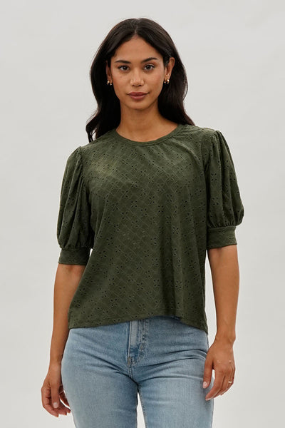 Beechers Brook Eyelet Detail Puff Sleeve Blouse - Olive - Womens Shirts & Blouses - Fairweather