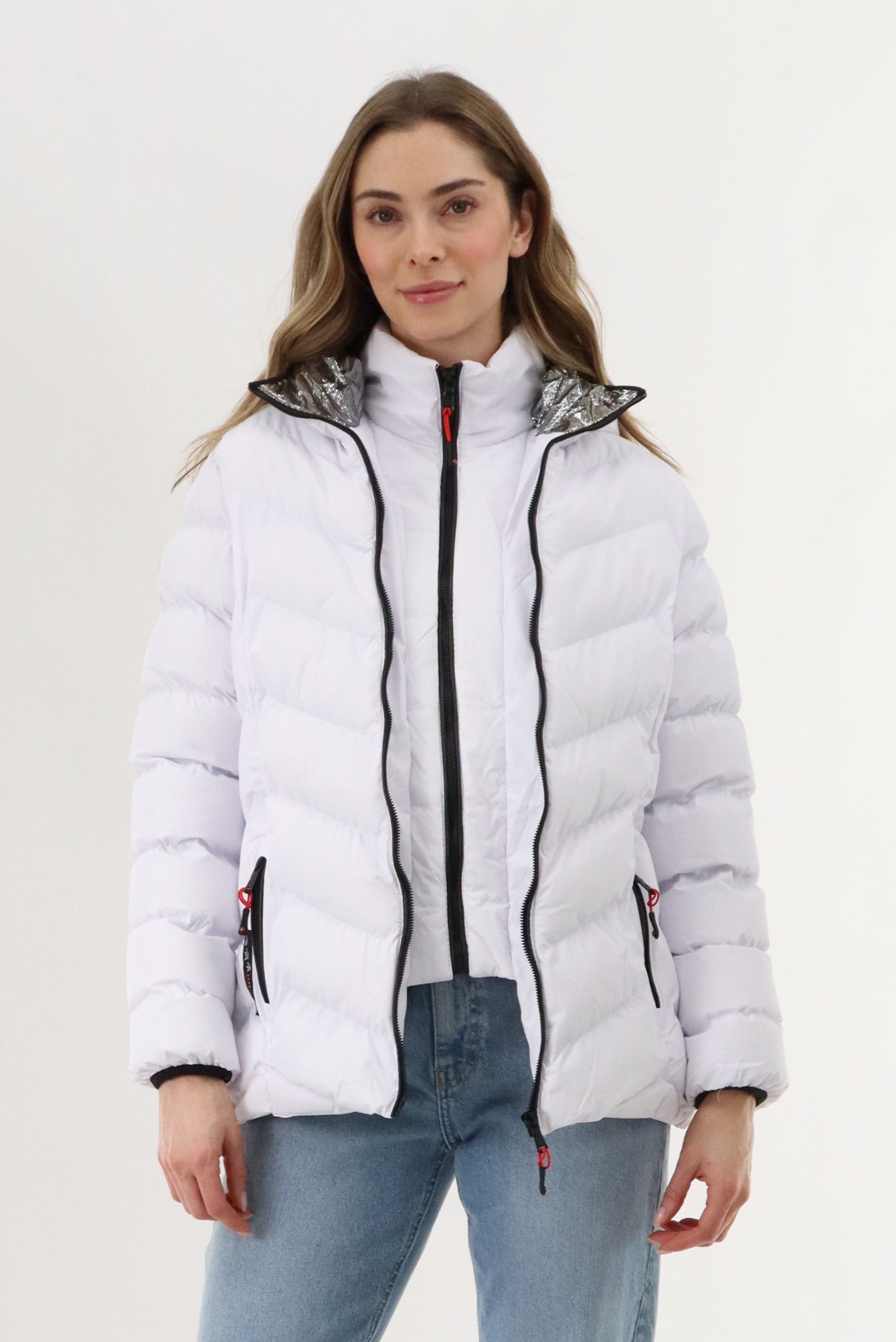 Canada Weather Gear Quilted Puffer Double Zip Bomber Jacket - White - Womens Bomber Jackets - Fairweather