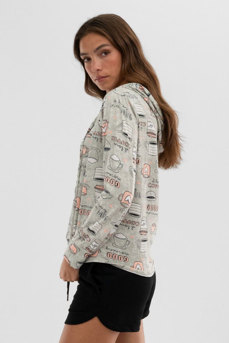 Canada Weather Gear Coffee Print Hooded Pajama Top - Grey - Womens Pajamas - Fairweather