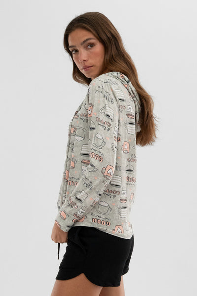 Canada Weather Gear Coffee Print Hooded Pajama Top - Grey - Womens Pajamas - Fairweather