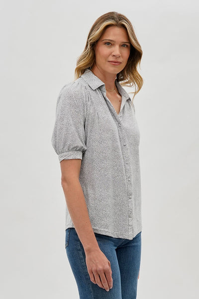 Beechers Brook Patterned Puff Sleeve Button Down Blouse - Grey - Womens Shirts & Blouses - Fairweather