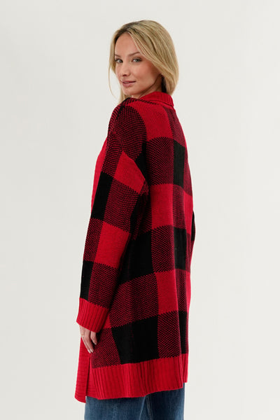 Canada Weather Gear Plaid Knit Fold Over Cardigan - Red - Womens Cardigans - Fairweather