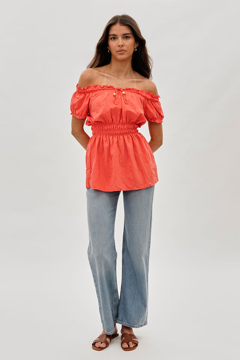 Runaway Bay Cinched Short Sleeve Blouse - Coral - Womens Shirts & Blouses - Fairweather
