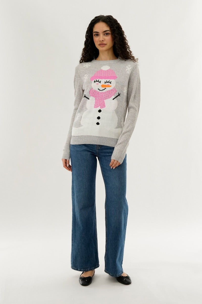 Festive Snowman Christmas Sweater - Grey - Womens Christmas Sweaters - Fairweather