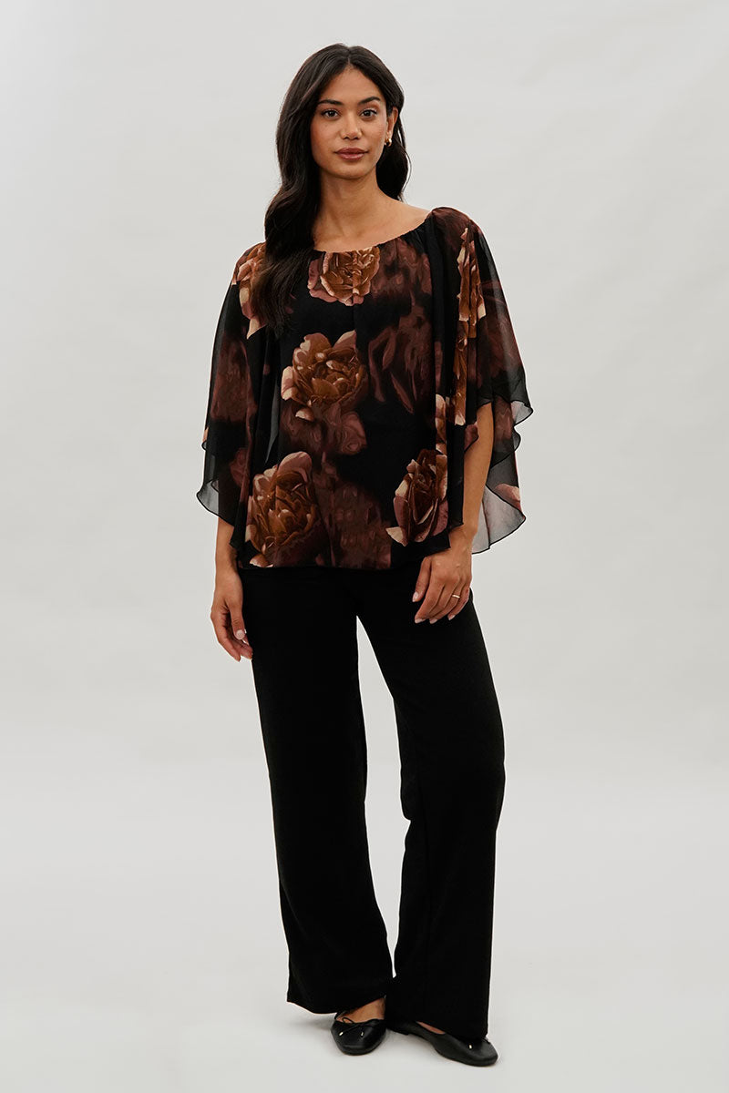 Costa Blanca Floral Chiffon Cape Blouse - Brown - Womens Shirts & Blouses - Fairweather
