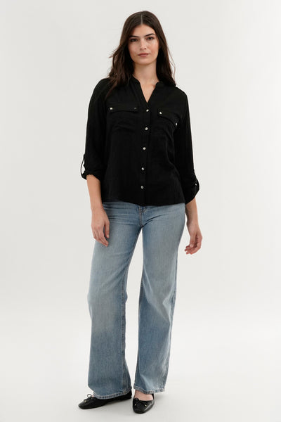 Runaway Bay Roll Up Sleeve Utility Pocket Blouse - Black - Womens Shirts & Blouses - Fairweather