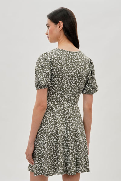 Costa Blanca Floral Puff Sleeve Day Dress - Olive - Womens Day Dresses - Fairweather