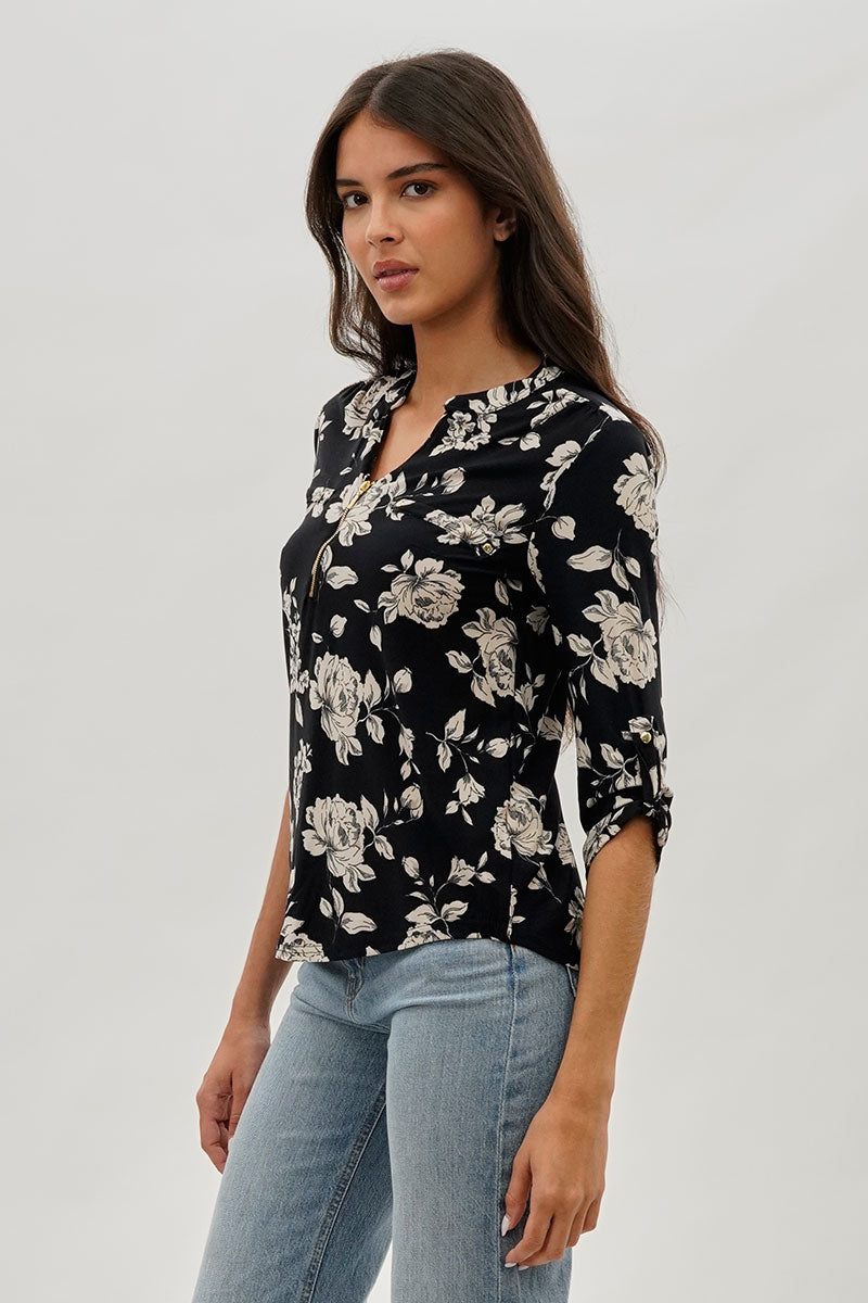 International INC Company Floral 1/4 Zip Blouse - Black - Womens Shirts & Blouses - Fairweather
