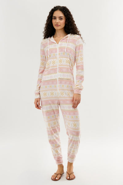 Canada Weather Gear Festive Print Fleece Onesie - Blush - Womens Onesies - Fairweather