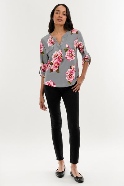 International INC Company Floral Split Neck Blouse - Grey - Womens Shirts & Blouses - Fairweather