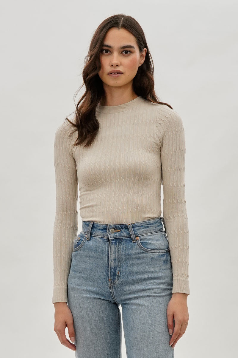 International INC Company Ribbed Crewneck Long Sleeve Top - Beige - Womens Long Sleeve Tops - Fairweather