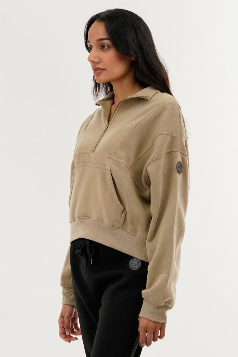 Fahrenheit Half Zip Cropped Sweatshirt - Beige - Womens Hoodies & Sweatshirts - Fairweather