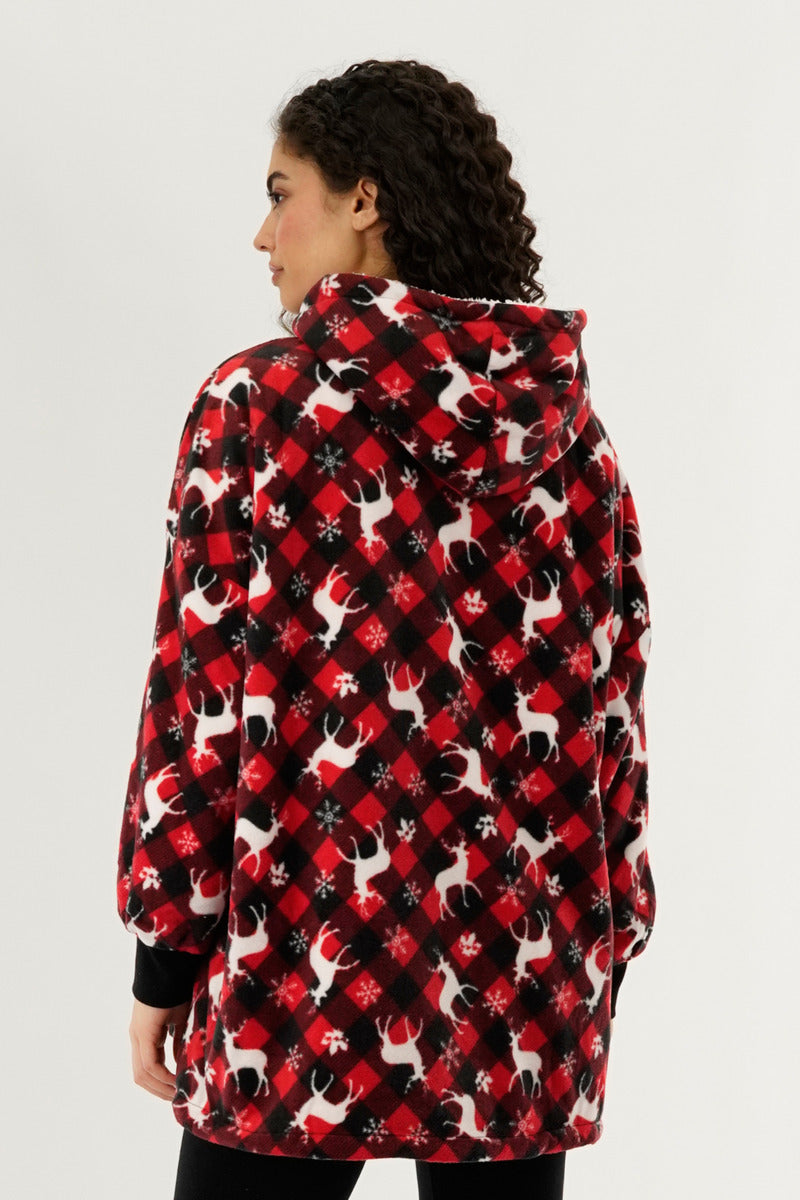 Canada Weather Gear Festive Print Oversided Hooded Pajama Top - Red - Womens Pajamas - Fairweather