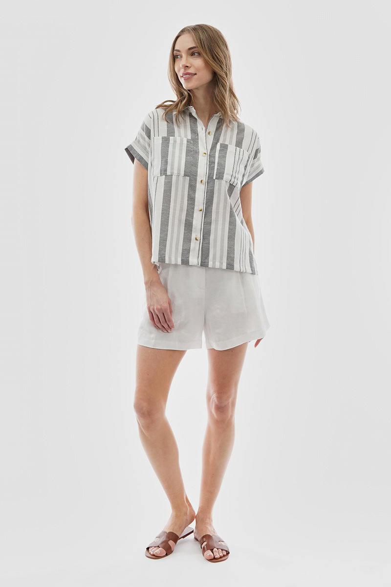 Beechers Brook Striped Button Up Short Sleeve Shirt - Grey - Womens Shirts & Blouses - Fairweather