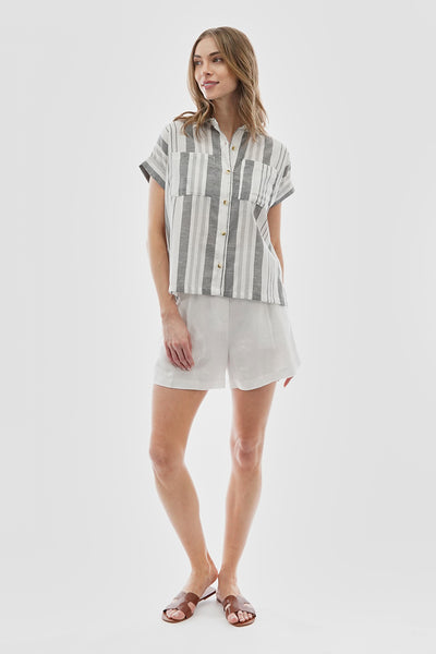 Beechers Brook Striped Button Up Short Sleeve Shirt - Grey - Womens Shirts & Blouses - Fairweather