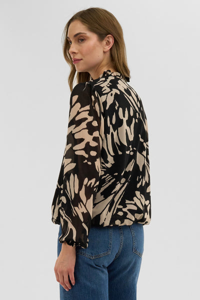 Costa Blanca Patterned Sheer Sleeve Blouse - Black - Womens Shirts & Blouses - Fairweather